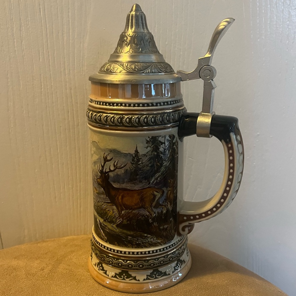 German Ceramic Beer Stein with Elk Design and Thumb Lid